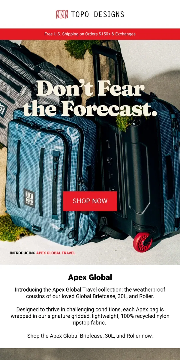 Email from Topo Designs. Introducing the Apex Global Travel Bags