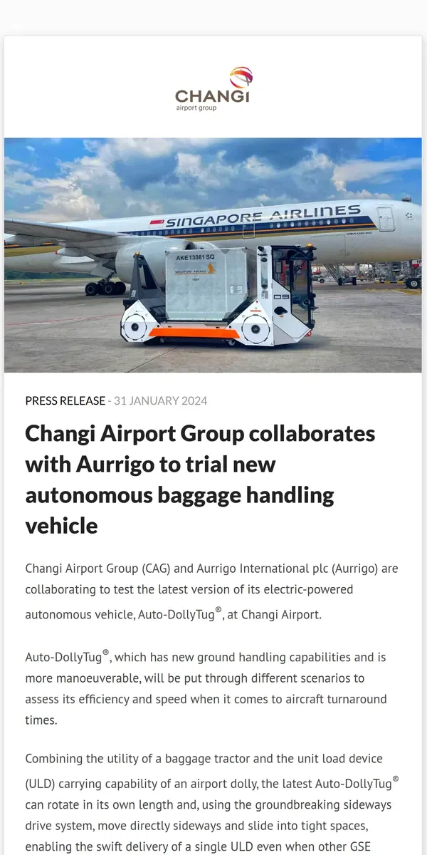 Email from Changi Airport. Changi Airport Group collaborates with Aurrigo to trial new autonomous baggage handling vehicle