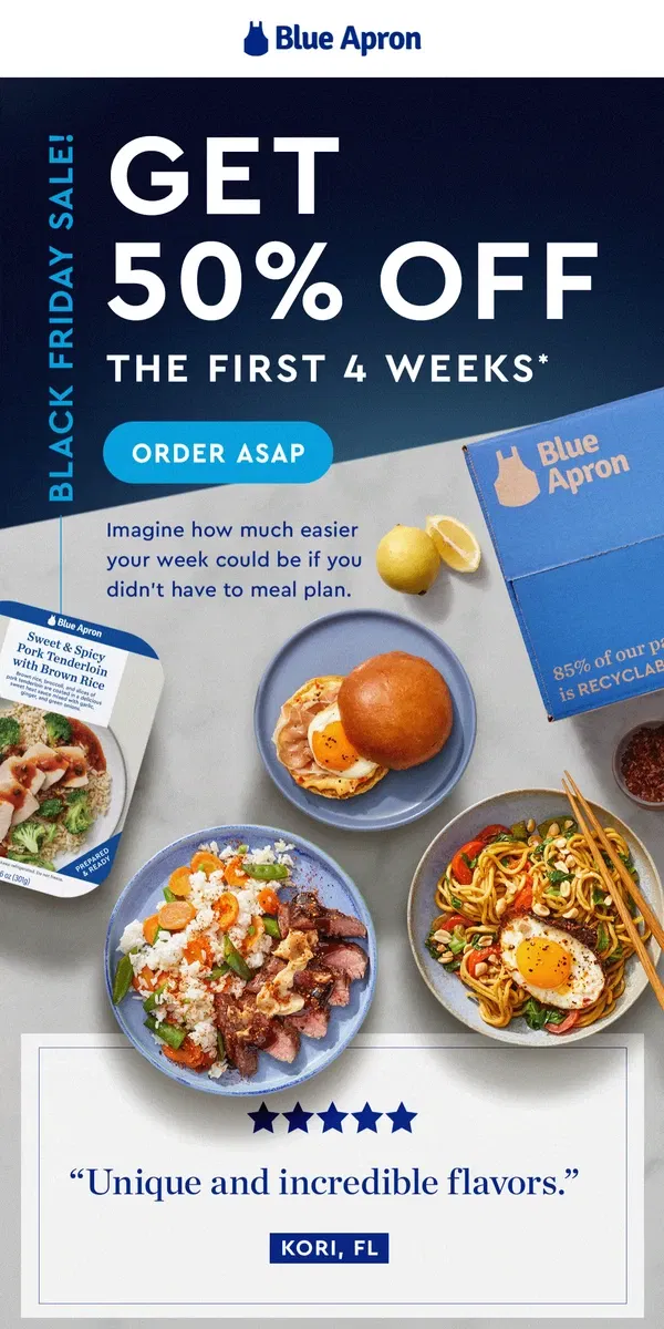 Email from Blue Apron. IT’S HERE: The sale you wait all year for.