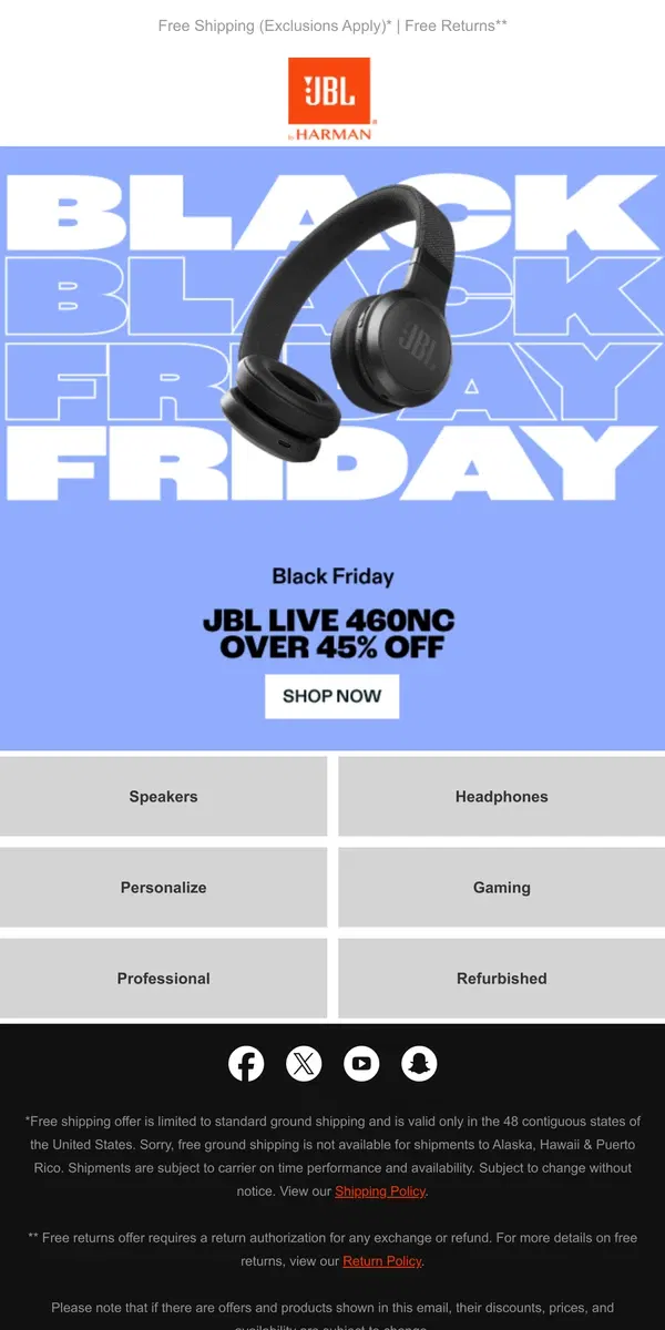 Email from JBL. BLACK FRIDAY EXTENDED - Last Day to Shop Black Friday Deals Up to 60% off