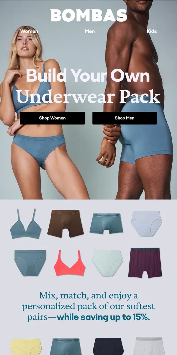 Email from Bombas. Custom Underwear Packs, Up to 15% Off