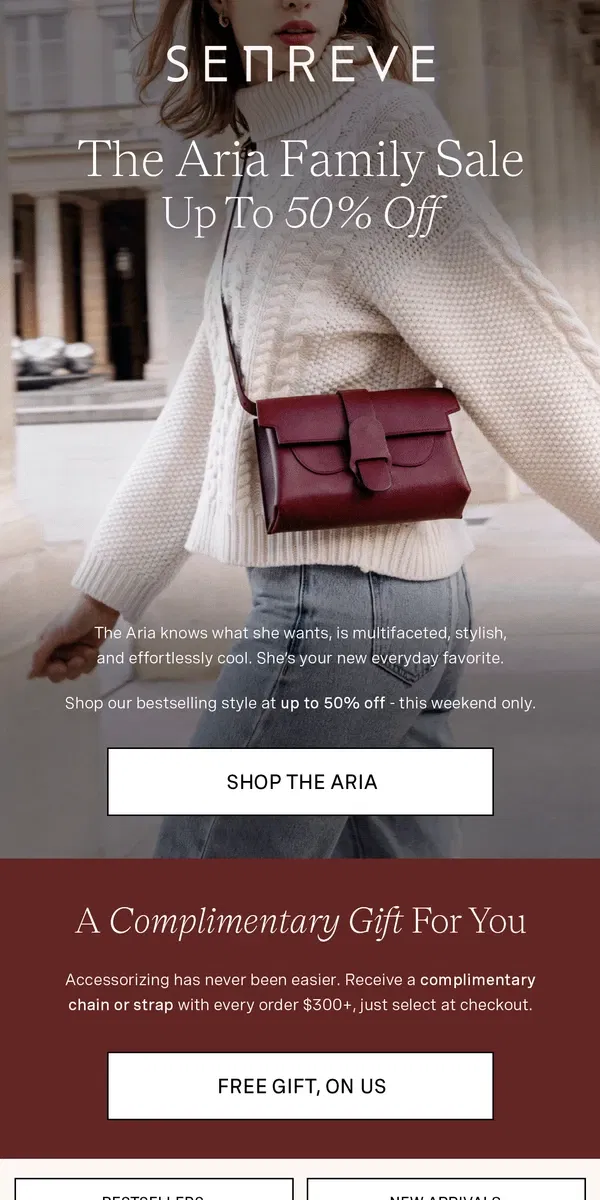 Email from Senreve. Up To 50% Off Our Bestselling Aria