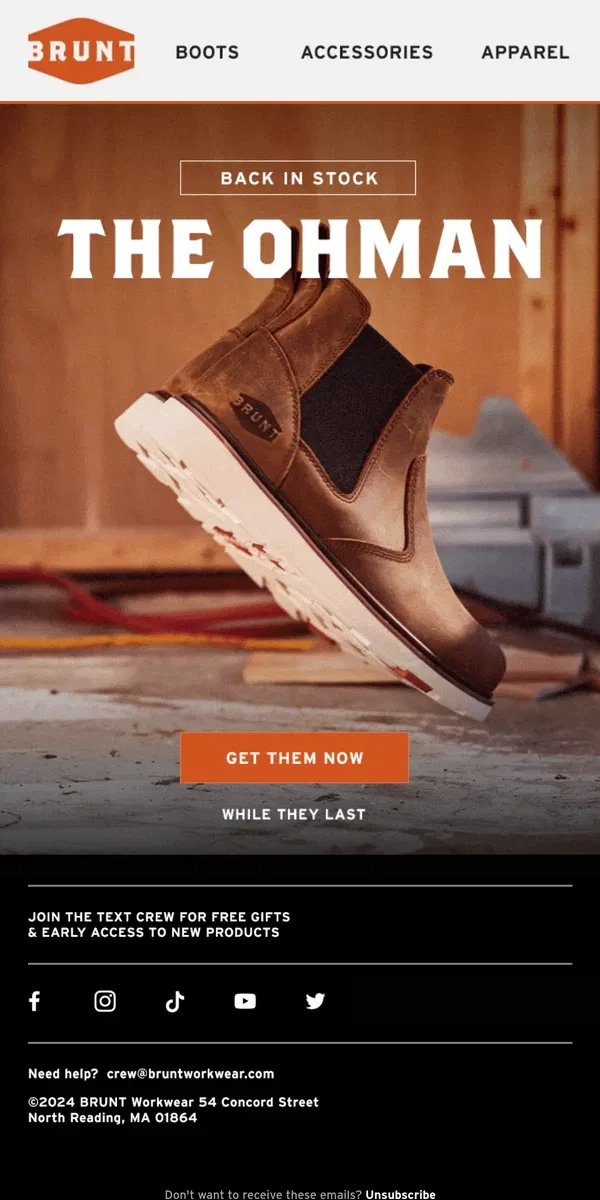 Email from BRUNT Workwear. BACK IN STOCK: The Ohman