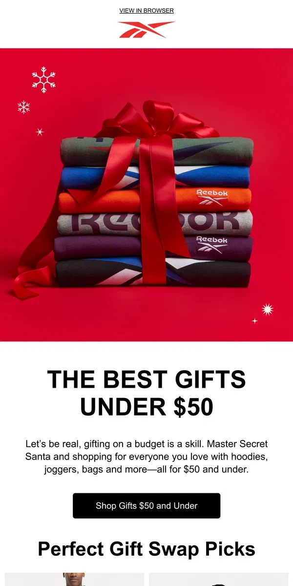 Email from Reebok. Gifts under $50: Perfect for Secret Santa 🧑‍🎄