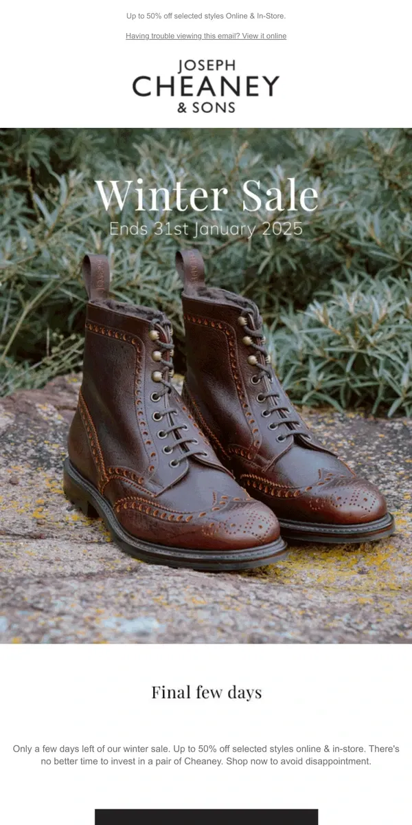 Email from Joseph Cheaney. It's the final few days of Sale [Name]!