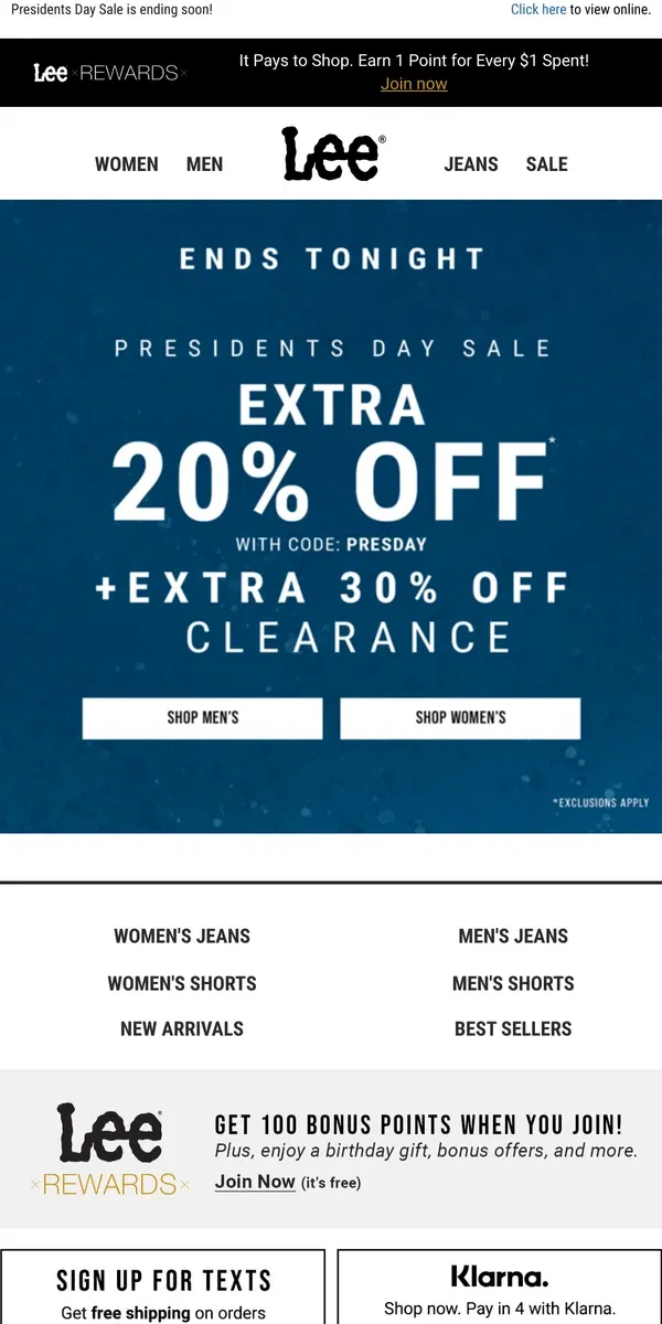 Email from Lee. Ends Tonight: Extra 30% Off Clearance + Extra 20% Off