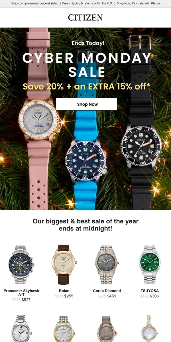 Email from Citizen Watch. Cyber Monday is Here! Save 20% + an Extra 15% Off