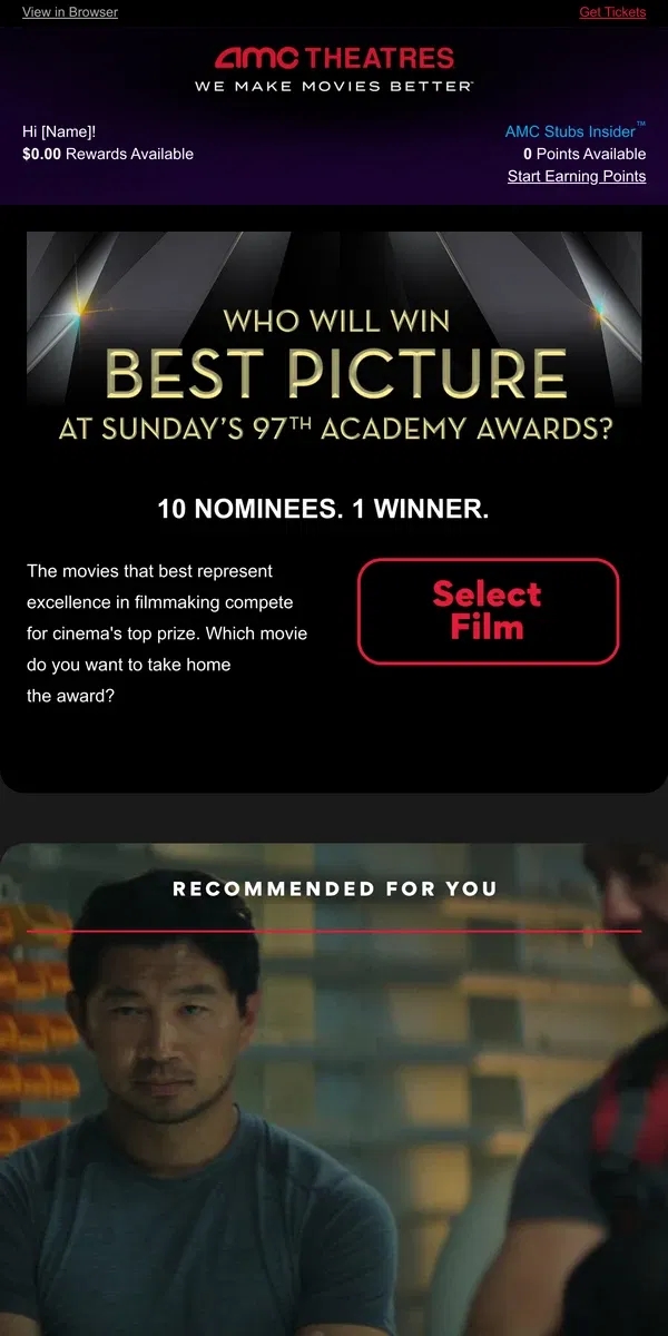 Email from AMC Theatres. [Name], Your Weekly Ticket Is Here