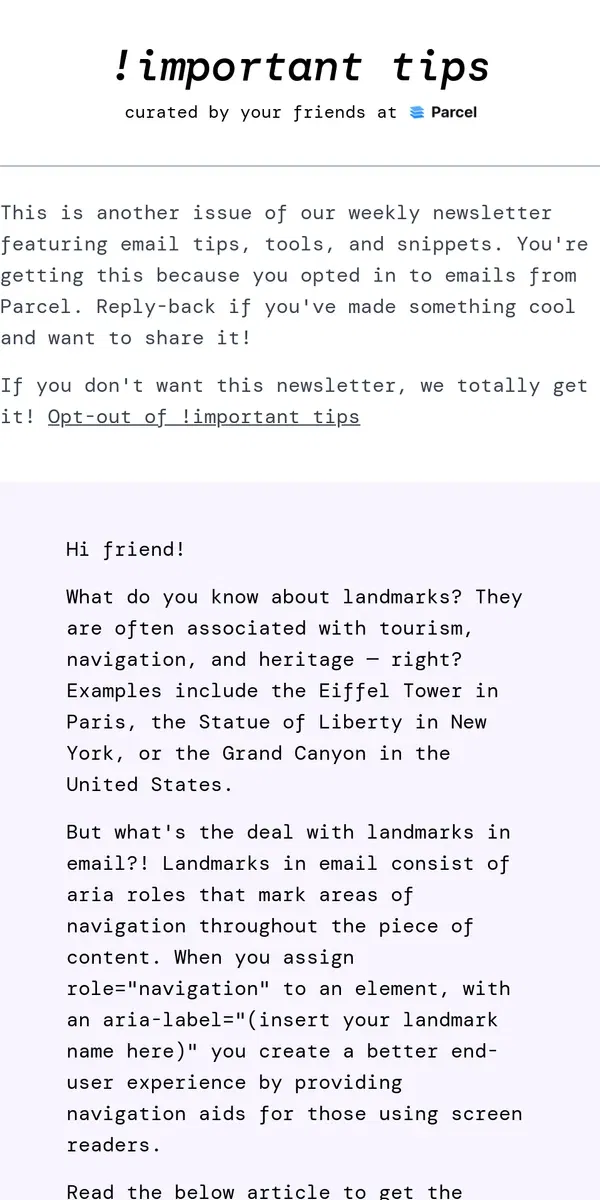 Email from Parcel. Hey Siri, what is a landmark?