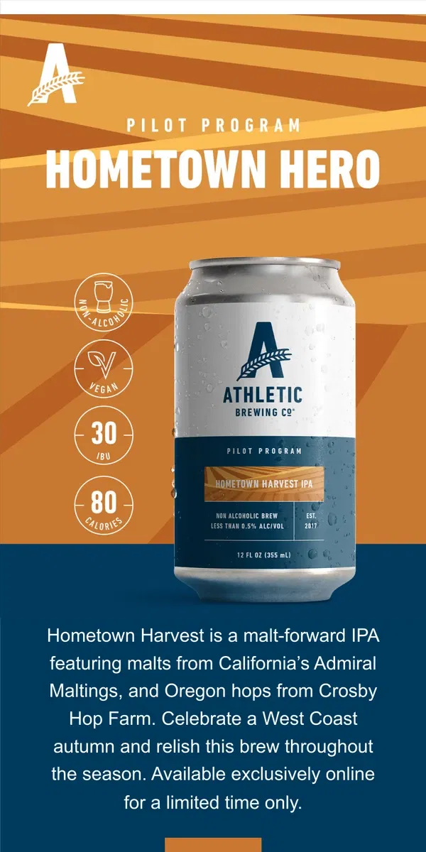 Email from Athletic Brewing Co. New Release: Hometown Harvest IPA 🍂