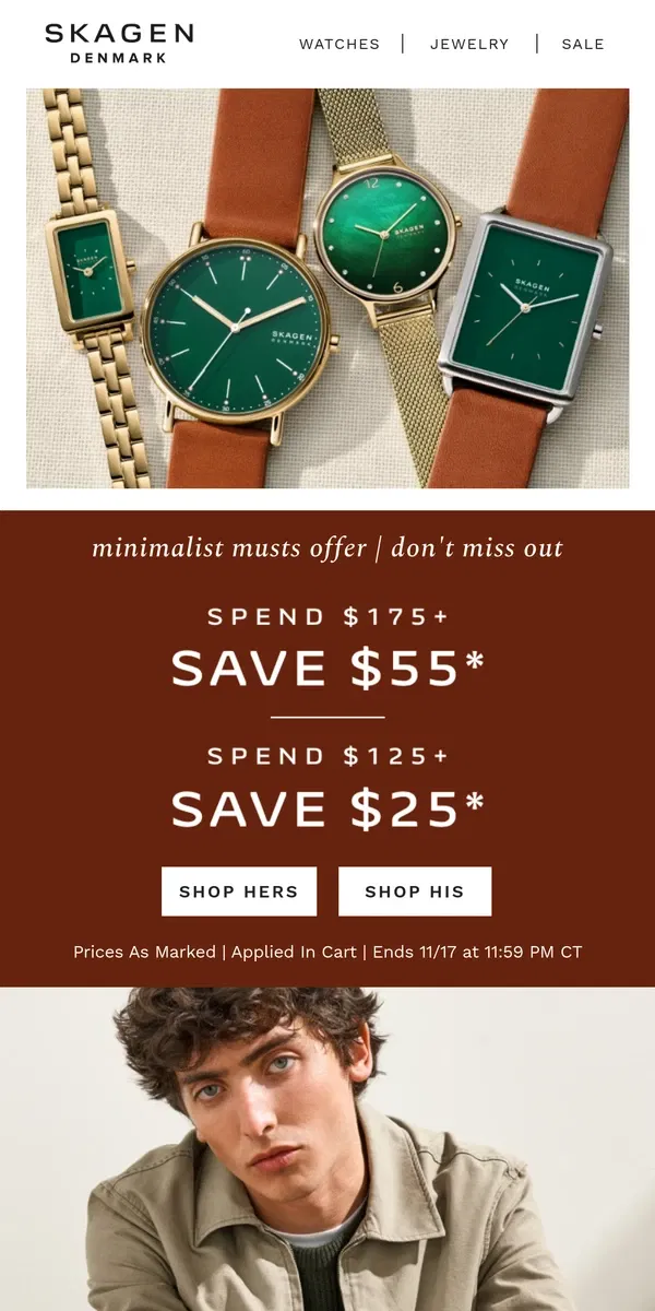 Email from Skagen. ends tommorrow: shop for danish designs today.