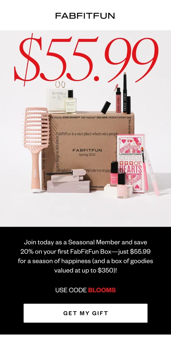 Email from FabFitFun. 📦 Your First Box – Now 20% Off!