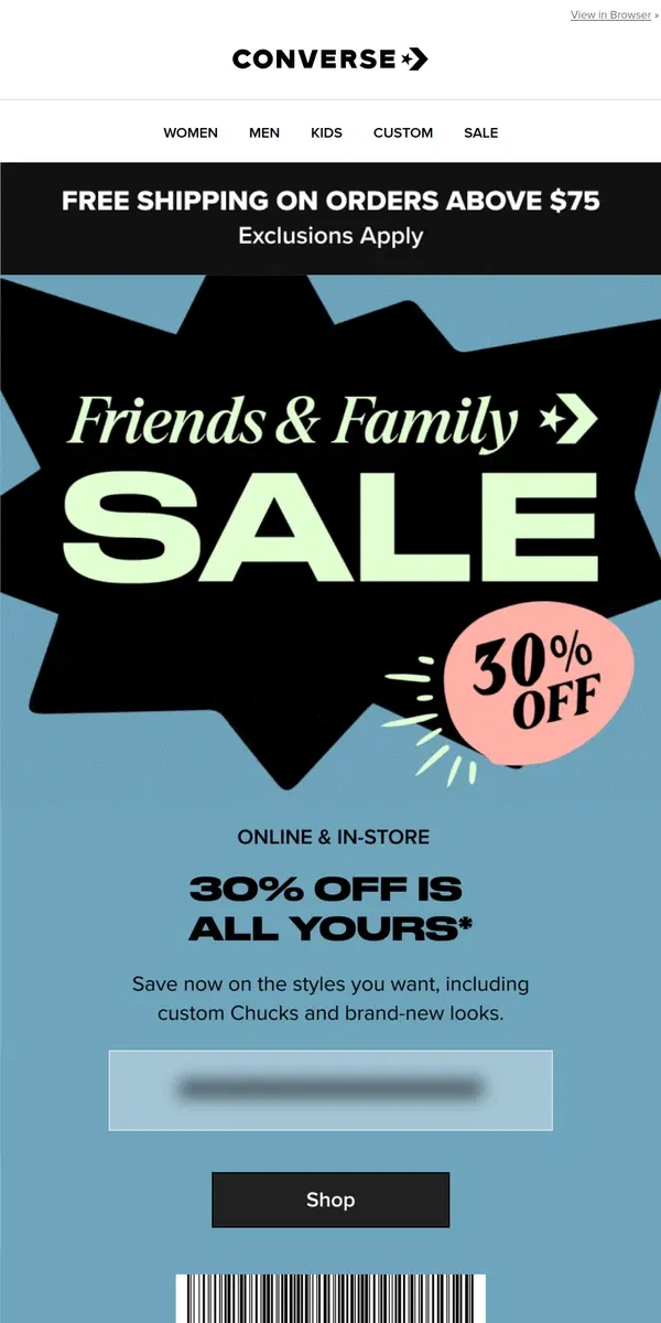 Email from Converse. 30% OFF—friends and family only