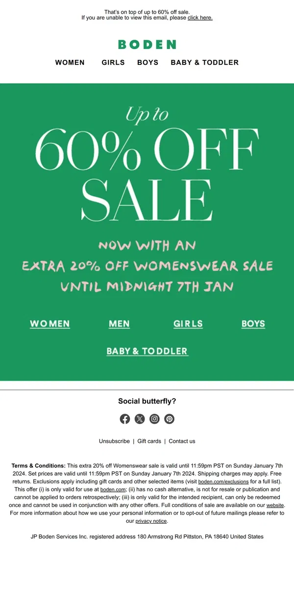 Email from Boden. Extra 20% off Womenswear SALE starts now