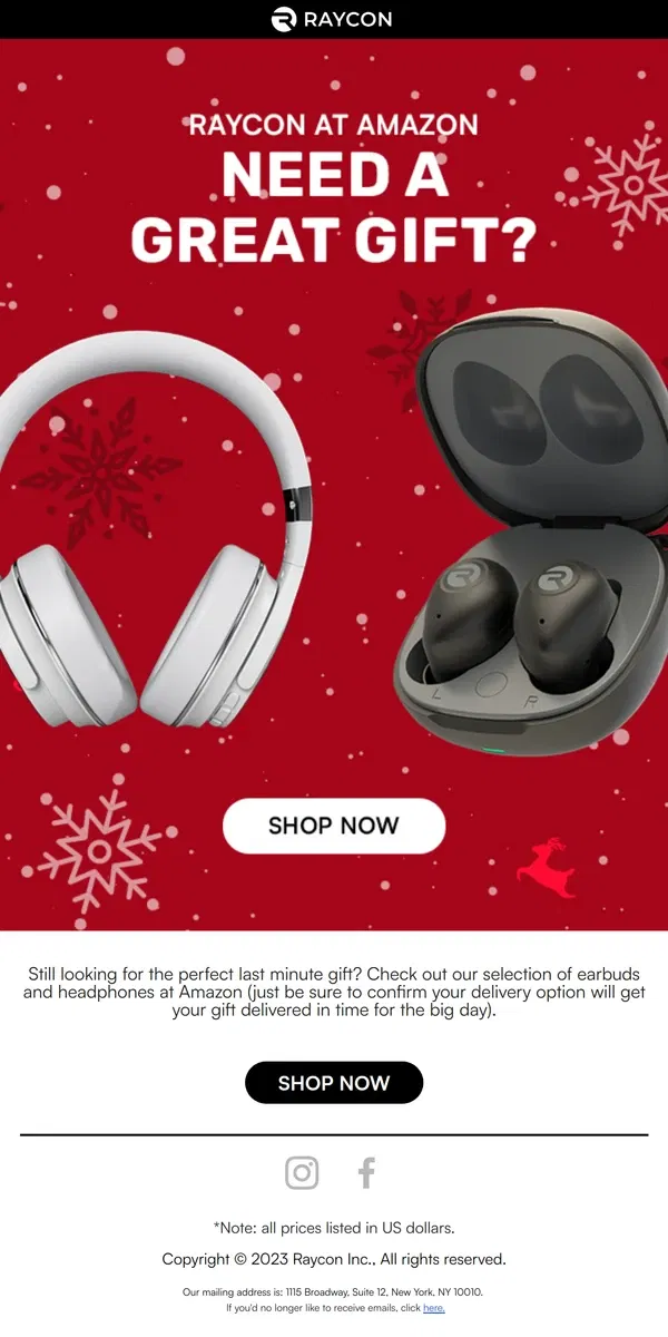 Email from Raycon. Head to Amazon for last minute shopping with Raycon.