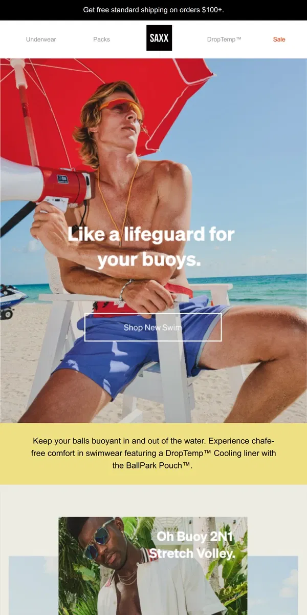 Email from SAXX Underwear. Support your buoys in life-changing swimwear