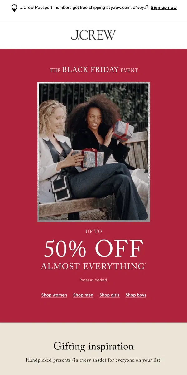 Email from J.Crew. Black Friday starts now, with up to 50% off almost everything