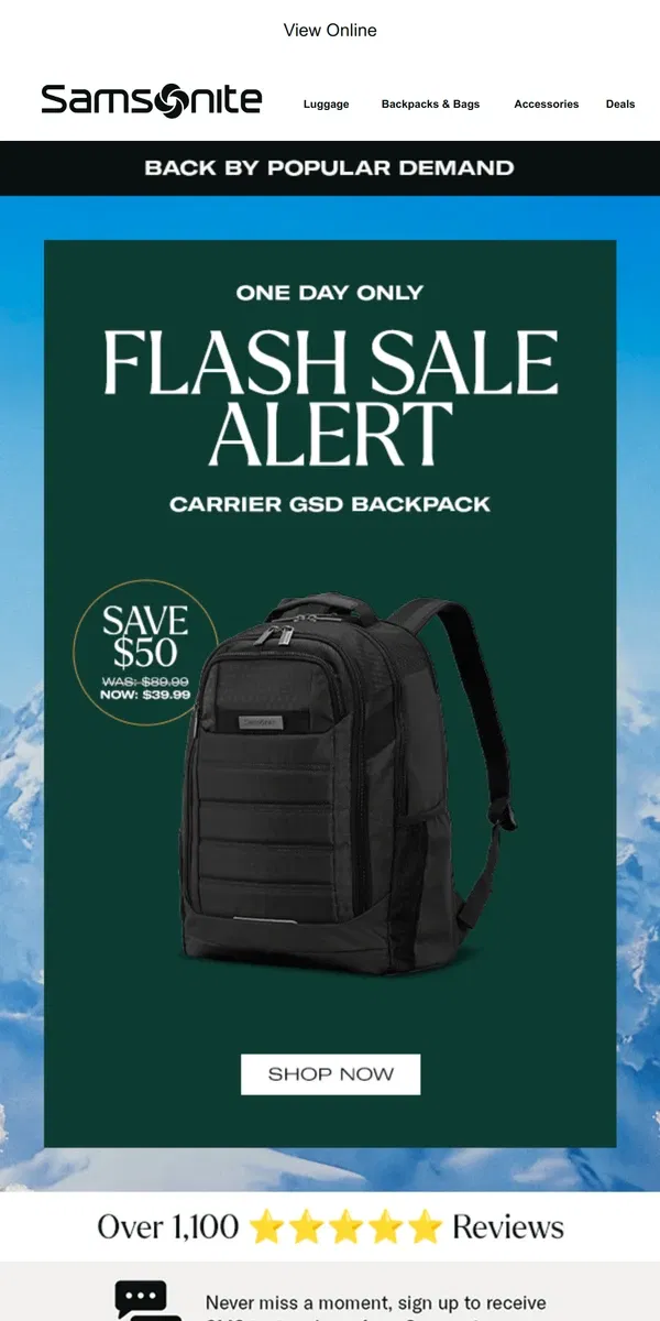 Email from Samsonite. 🚨 24 Hours Only: GSD Backpack for Only $39.99