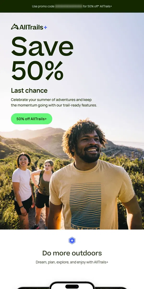 Email from AllTrails. ⏳ Final hours: 50% off AllTrails+