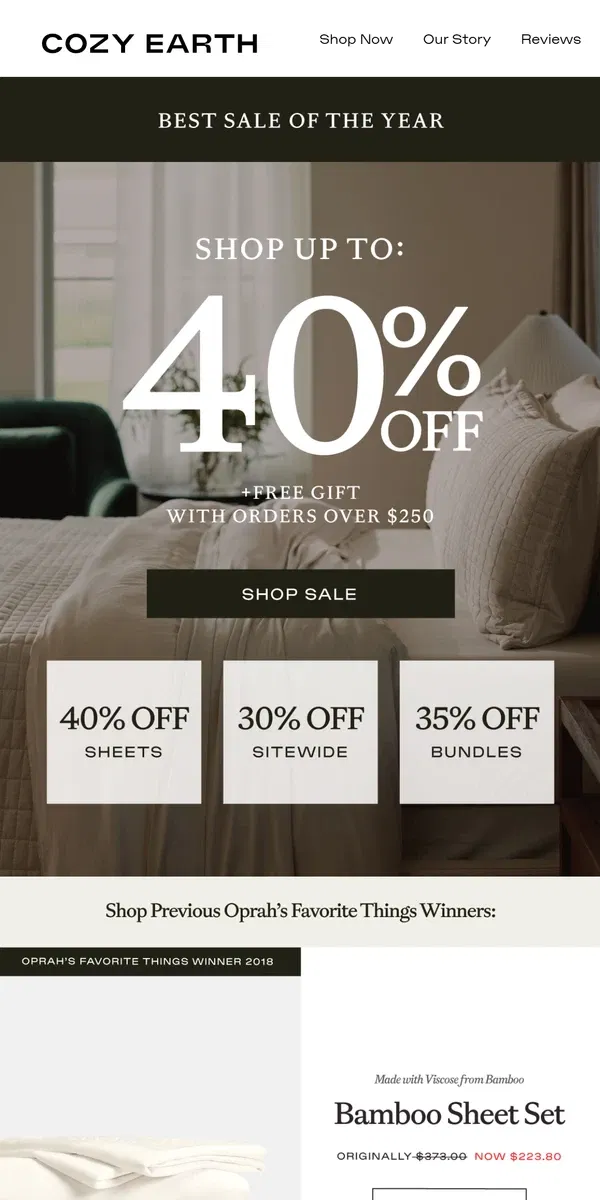 Email from Cozy Earth. 40% OFF IS HERE 🎁