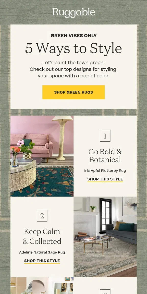 Email from Ruggable. 5 Ways to Style Green Rugs