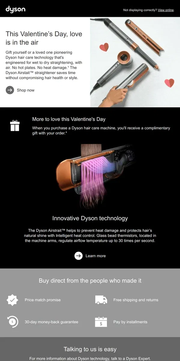 Email from Dyson. Gift a Dyson Airstrait for Valentine's Day