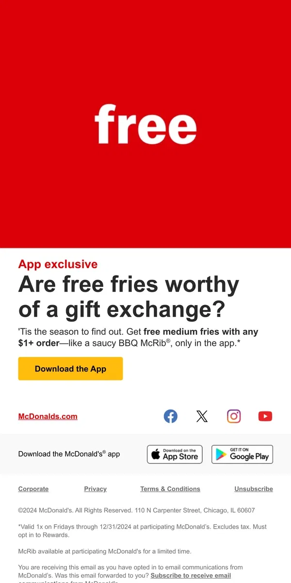 Email from McDonald's. free fries friday gift 🍟🎁