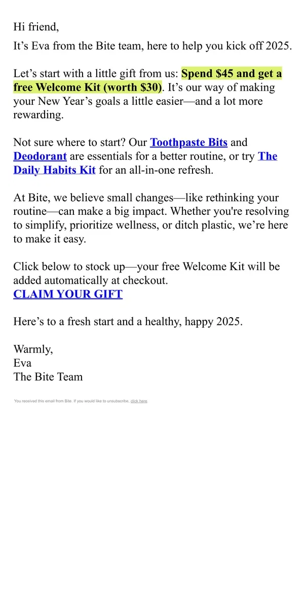 Email from Bite Toothpaste Bits. Your New Year’s gift is waiting 💝