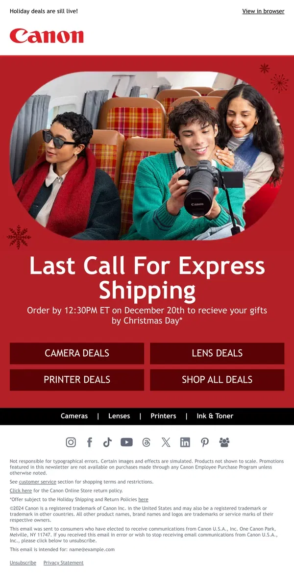 Email from Canon. Final Hours to Get Your Gifts on Time ⏰