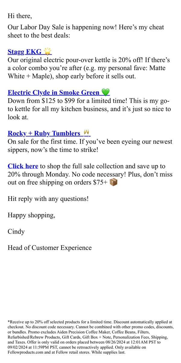 Email from Fellow. My sale cheat sheet 📝