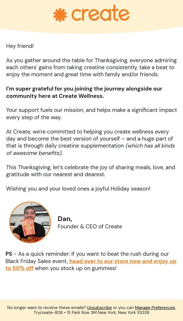 Email from Create Wellness. 🍂 Happy Thanksgiving from Create!