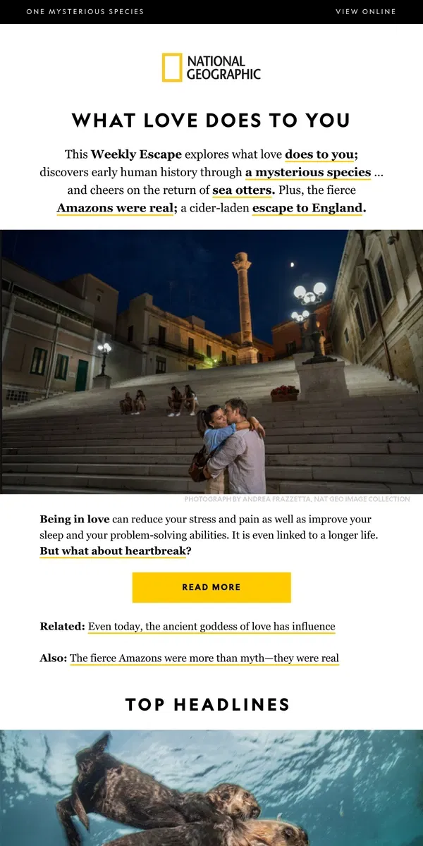 Email from National Geographic. What falling in love does to your body; how one mysterious species is rewriting human history