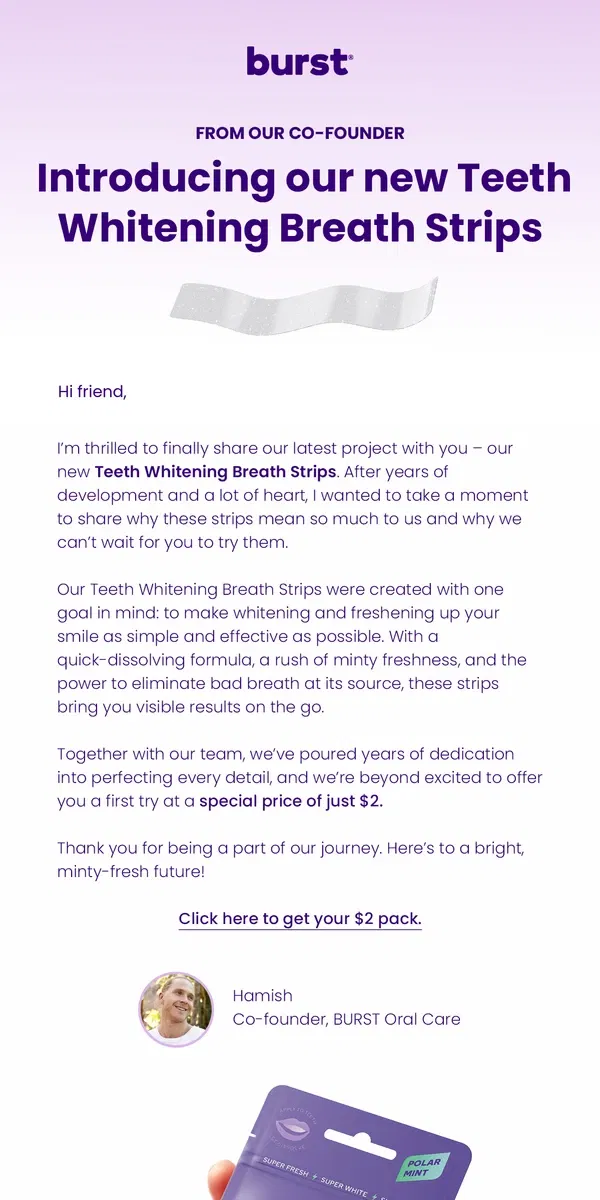 Email from BURST Oral Care. A personal note from us and a $2 offer inside