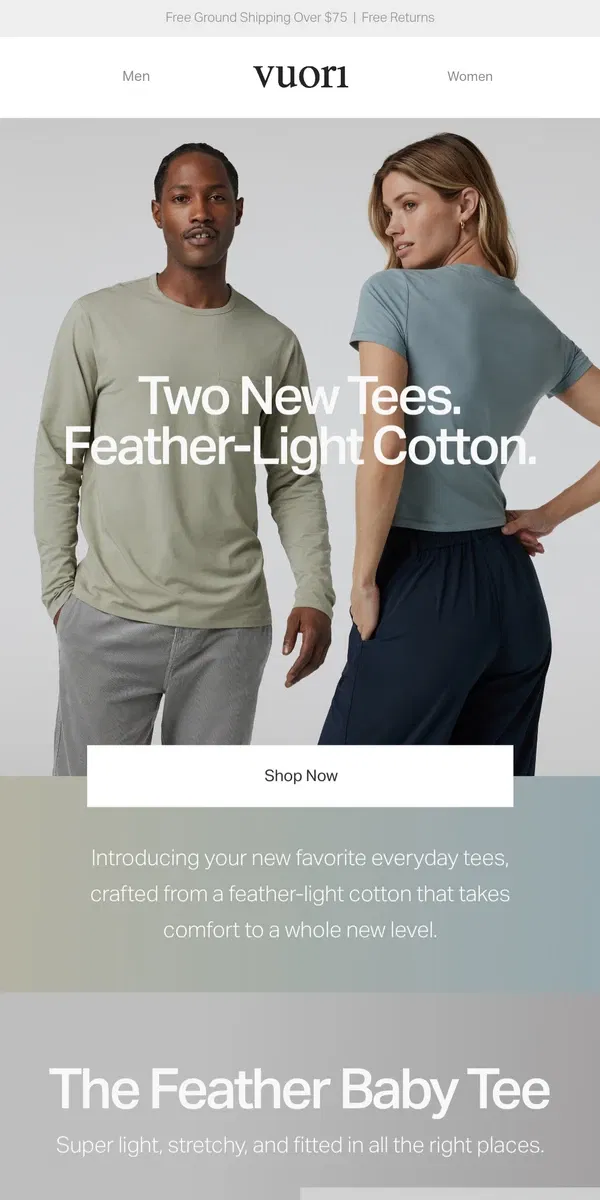 Email from Vuori. Our Newest Feather-Light Tees