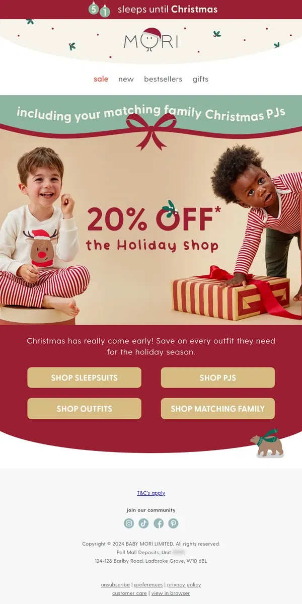 Email from MORI. Now on: 20% off their festive fits! 🎄