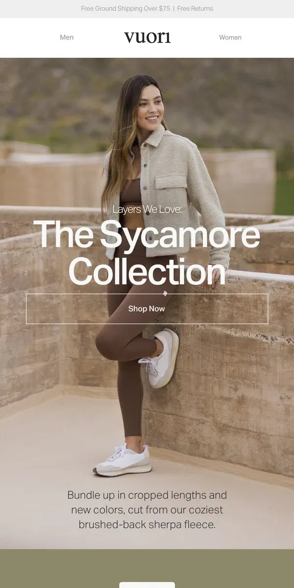 Email from Vuori. New Styles: The Sycamore Collection