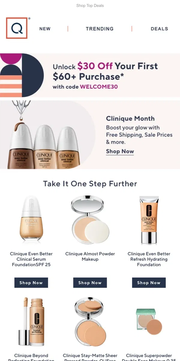 Email from QVC. Clinique Month: Free Ship & Sale Prices