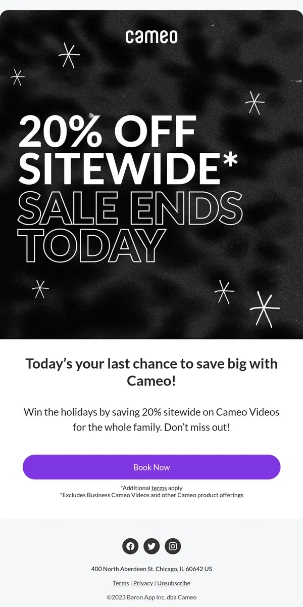 Email from Cameo. 20% Off Sitewide Sale Ends Today