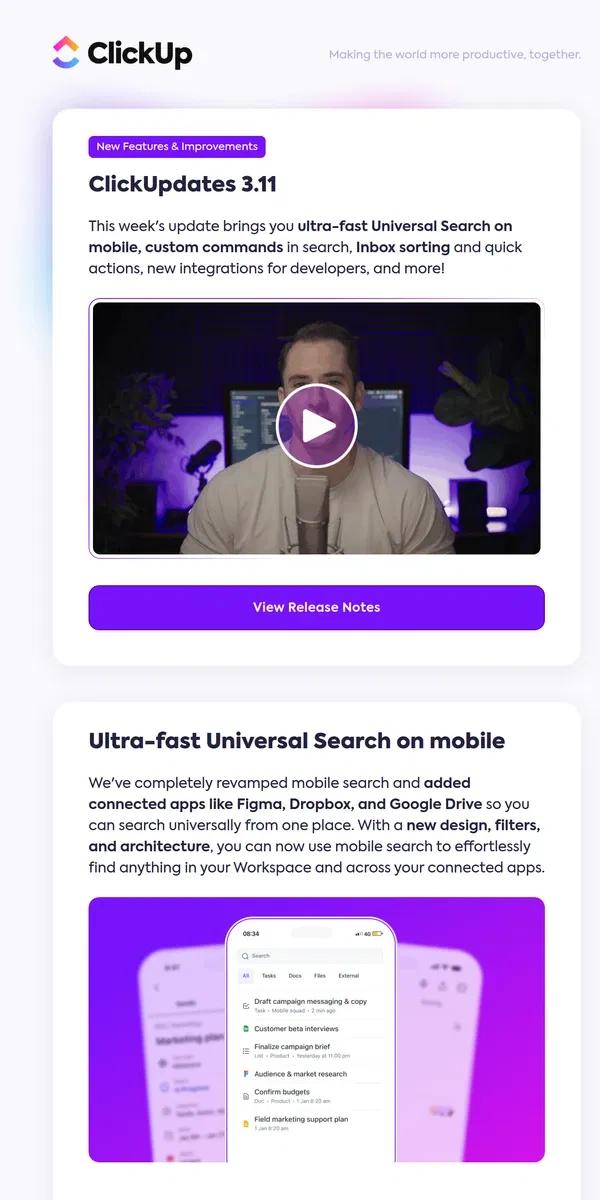 Email from ClickUp. Revamped mobile search, custom commands, Inbox sorting, and more!