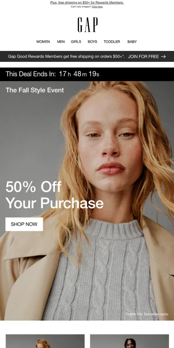 Email from GAP. Both your deals expire tonight >> 50% off + app-only bonus 10%