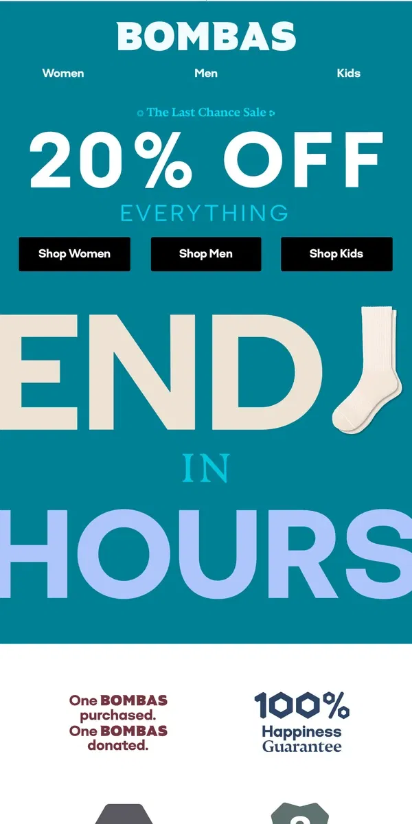 Email from Bombas. Uh Oh: 20% Off Ends in Hours