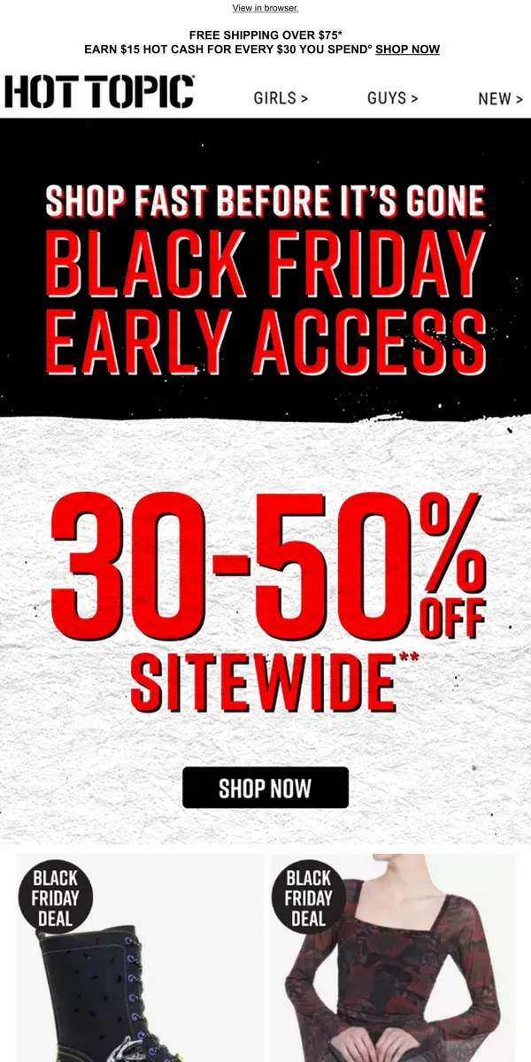 Email from Hot Topic. Hurry, everyone! 30%-50% Off, BOGO $10 hoodies & more deals that won't last 🗣️