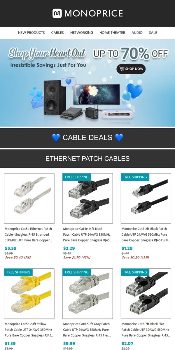 Email from Monoprice. Unbeatable Savings on All Cables! | Shop Your 💙 Out!