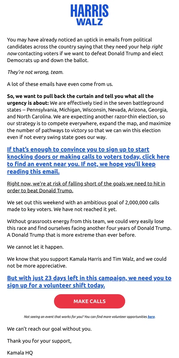 Email from Kamala Harris. At risk of falling short of our organizing goals this weekend