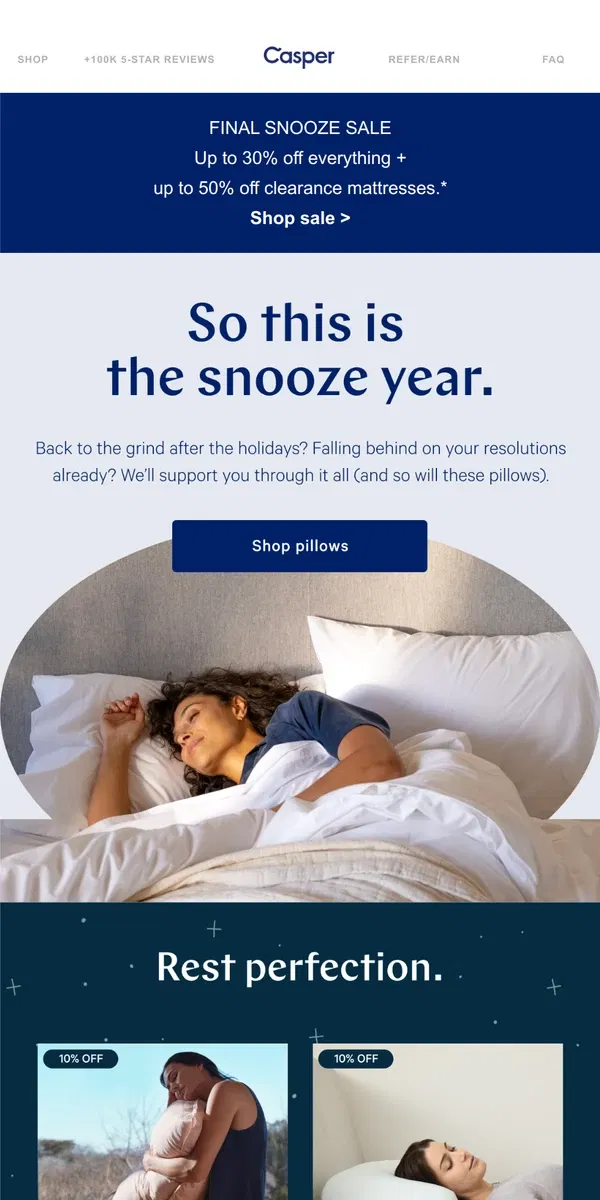 Email from Casper. Productivity hack: 10% off pillows.