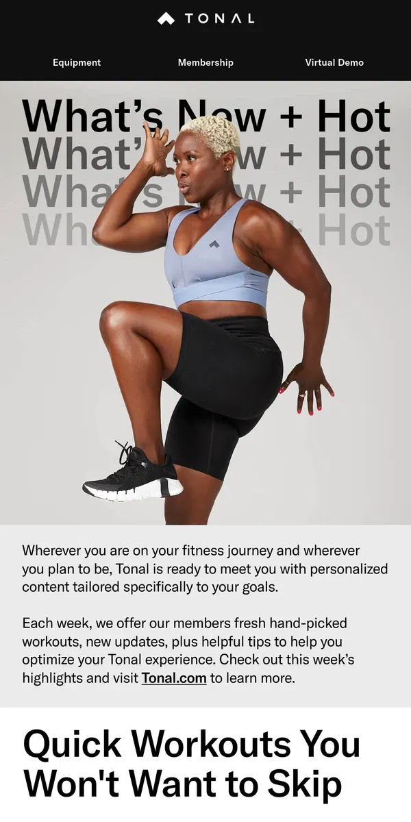 Email from Tonal. Quick Workouts + Grilling Recipes