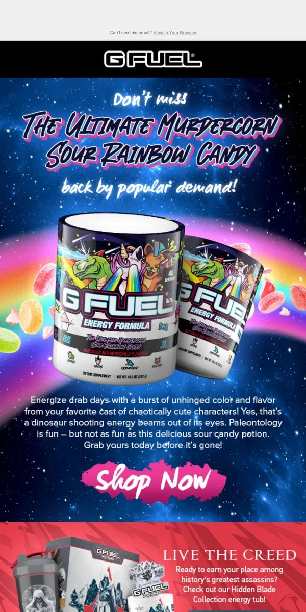 Email from G FUEL. Ultimate Murdercorn is Back in Stock!