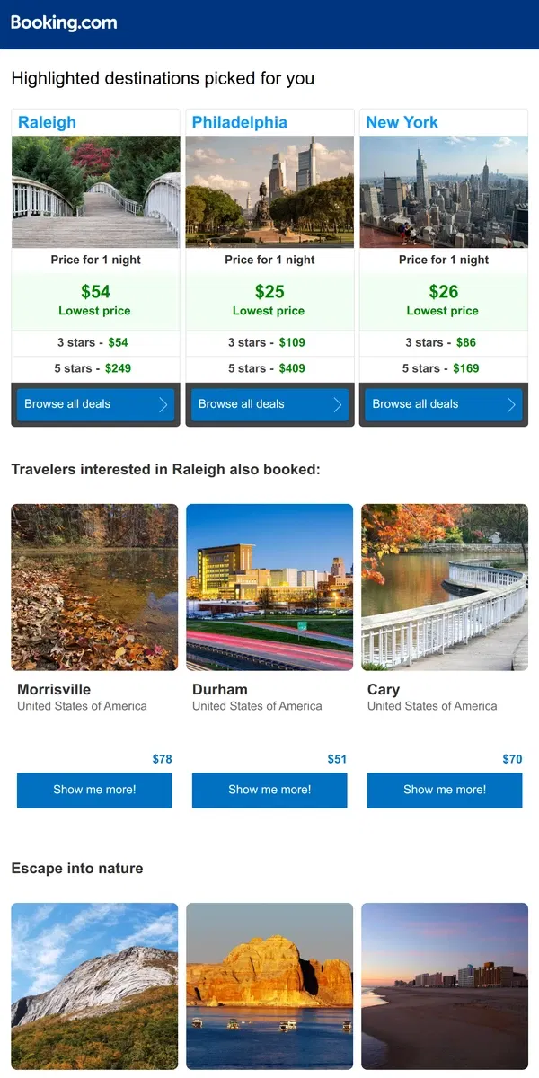 Email from Booking.com. Raleigh & Philadelphia: Updating you on prices, info, and more