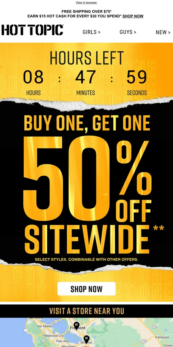 Email from Hot Topic. Hurry! 🏃 Time’s almost up for BOGO 50% Off sitewide