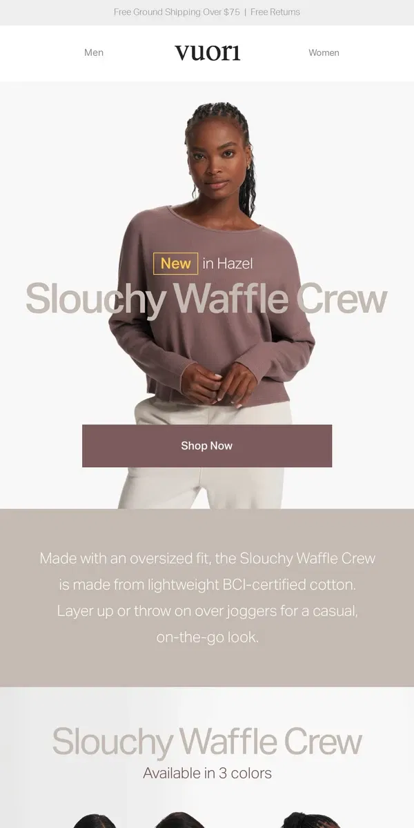 Email from Vuori. New color drop—Slouchy Waffle Crew